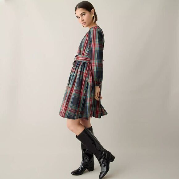 New *flawed* J Crew  V-Neck Taffeta Mini Dress in Stewart Plaid, size 12 - Picture 2 of 16